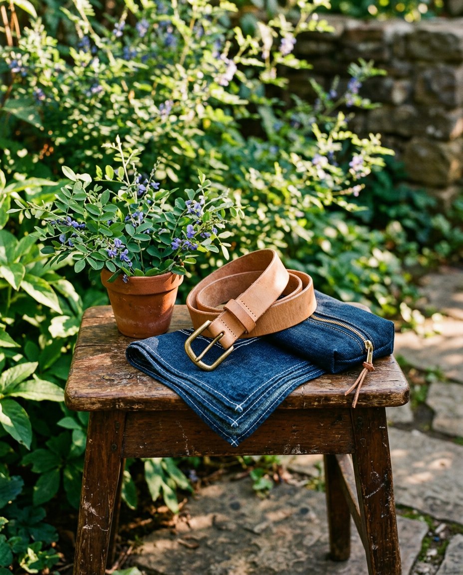Leather accessories beside indigo plant